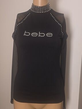 bebe Black Rhinestone-Embellished Mock Neck Mesh Sleeve Top - SMALL